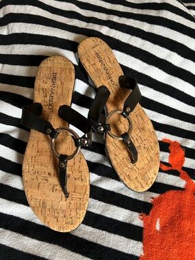 Bernardo Black Patent Ring-Accent Cork Footbed Thong Sandals